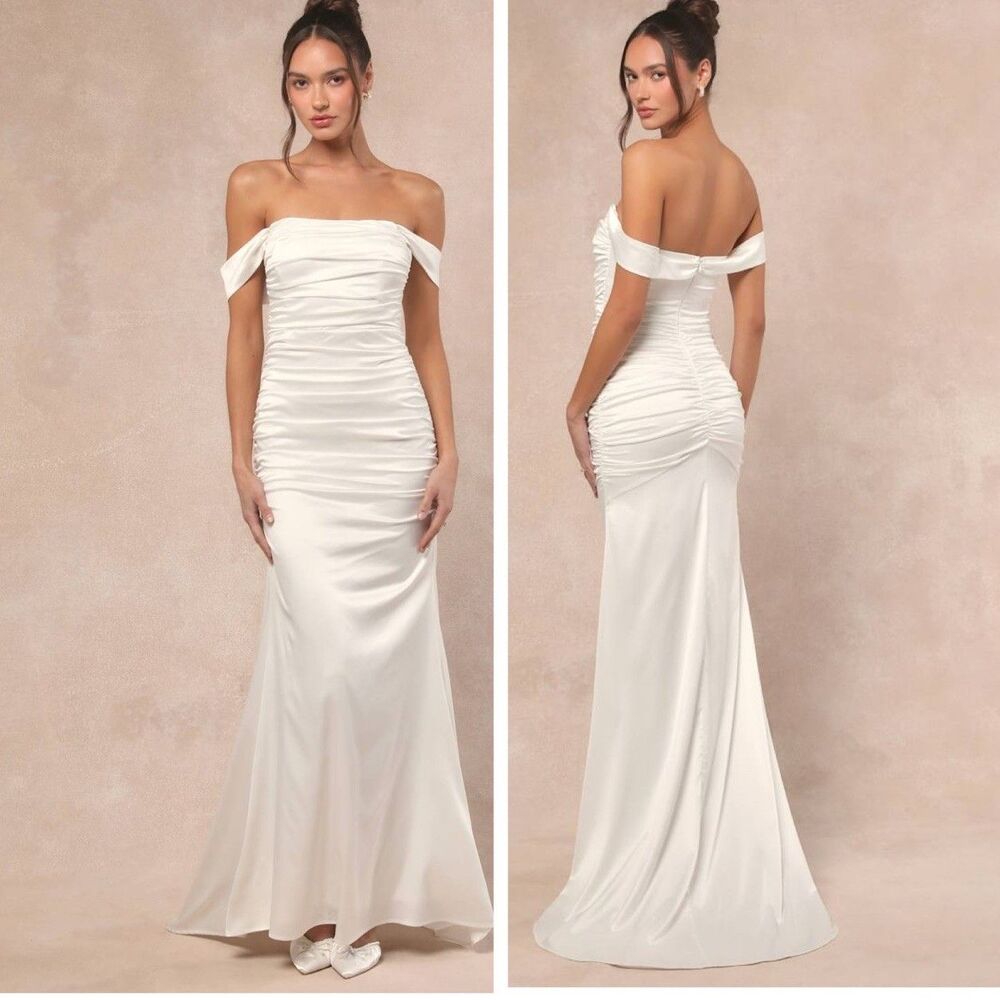 Lulus Torri White Satin Off-the-Shoulder Maxi Dress Size small Bridal classic